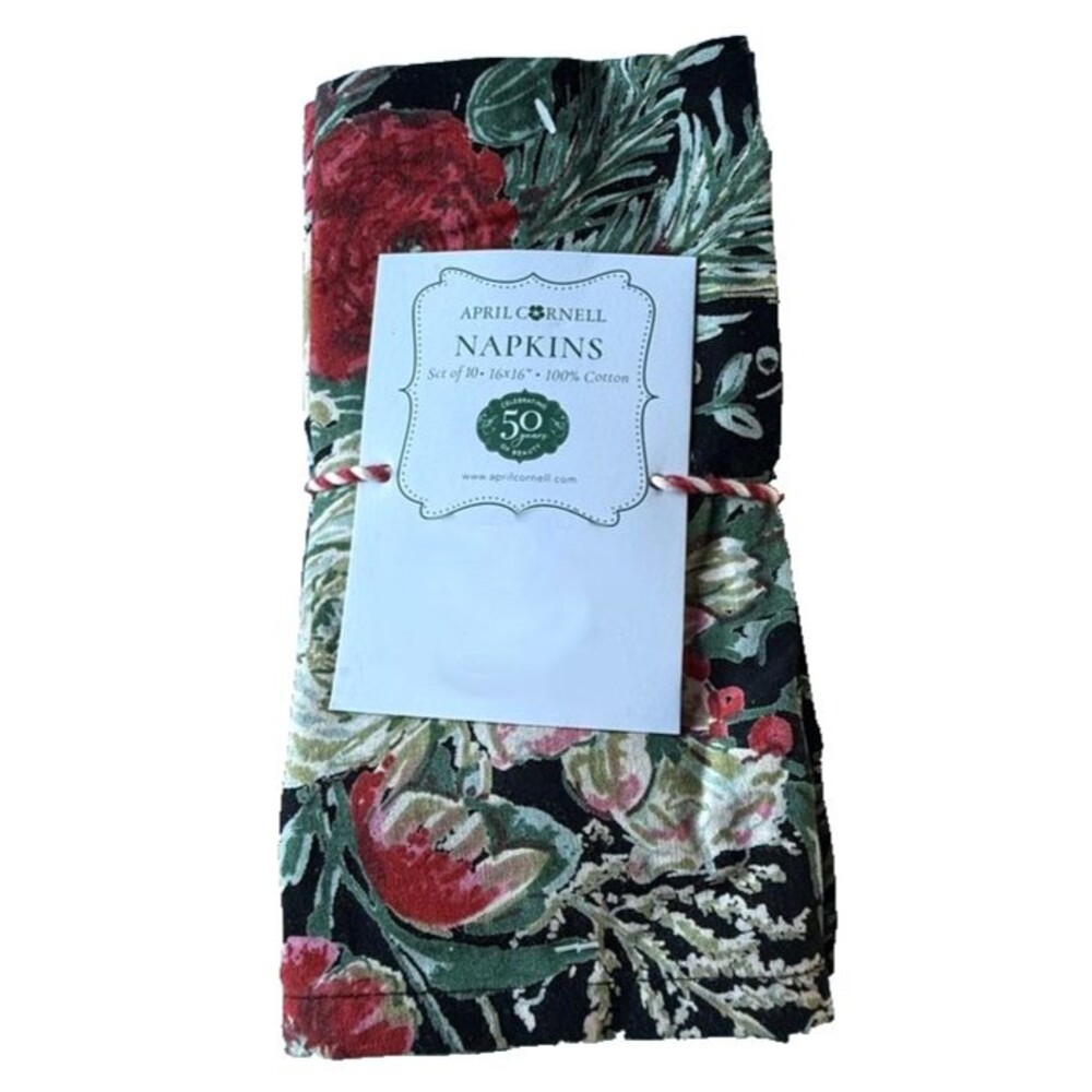 April Cornell Napkins Merry Black Floral Set of 10 French Country Christmas